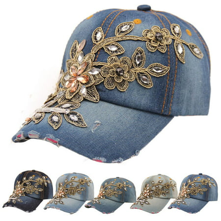 New Vogue Women Diamond Flower Baseball Cap Summer Style Lady Jeans Hats