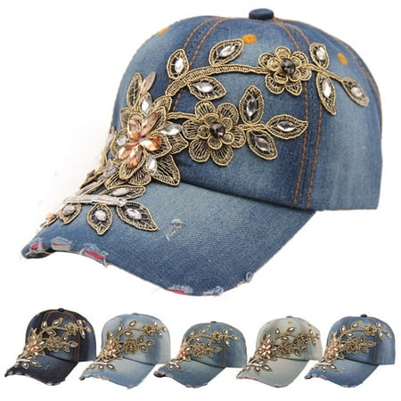 New Vogue Women Diamond Flower Baseball Cap Summer Style Lady Jeans