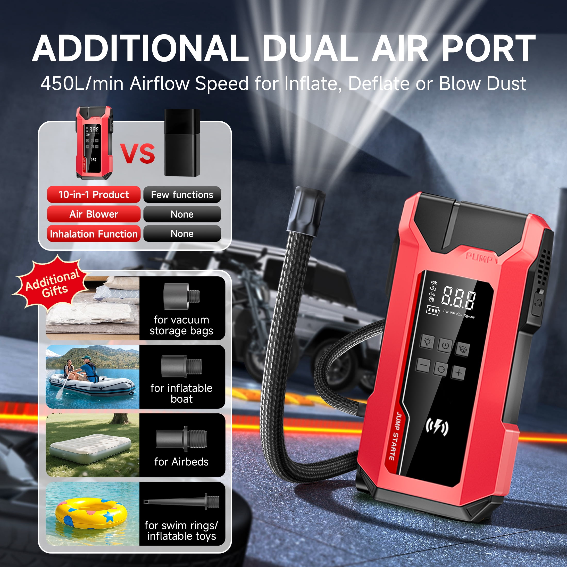 CamelParty Jump Starter with Air Compressor, 6000A Car Battery Booster for 10.0L Gas 8.0L Diesel 150PSI Auto-Stop Air Compressor with Blower, 12V Portable Emergency Jump Box with LED Light