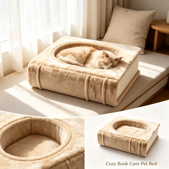 Cute Book Style Pet Bed for Indoor Cats Plush Semi-Enclosed Cat Cave with Cushion Soft Warm Sleeping Bed for Small Dogs Living Room Decor