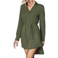 thumbnail image 4 of Fall Dresses for Women Casual V Neck Solid Color Long Sleeve Dress Loose Tie Waist Irregular Hem Swing Mini Dress, 4 of 8