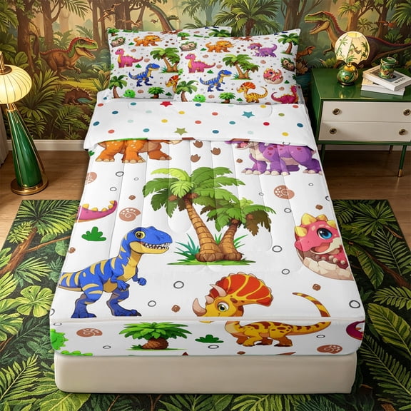 Metsweet 3D Cute Dino Zipper Twin Comforter Sets with Fitted Sheet and 2 Pillowcases, Cartoon Animal Zipper Bedding Set, Pink Orange Purple,4-Piece