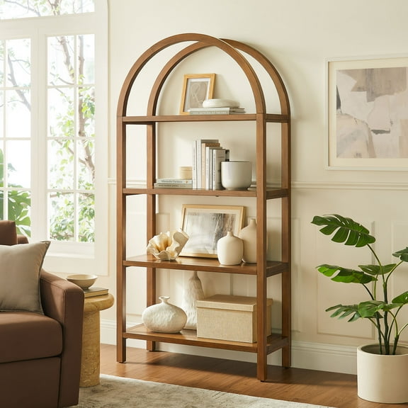 Vexley 72 Inch Large Arched Bookshelf in Walnut