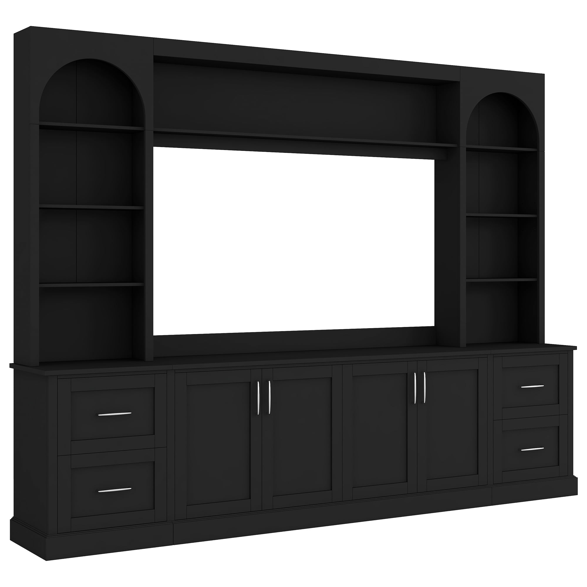 4 Piece Wall Unit TV Stand for TVs up to 65", Modern Entertainment Center with Bookshelf, Wine Cabinet, Display Storage, Multifunctional All-in-One TV Console Table for Living Room,Black