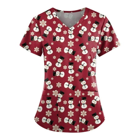 

KDDYLITQ Christmas Scrubs for Women Fall Christmas Short Sleeve V Neck T Shirt Design Working Nurses Uniform Classic Fit Scrub Top with Pockets Red S
