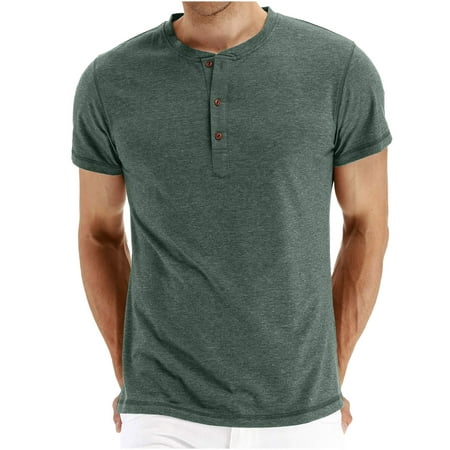 Meitianfacai Deals Clearance Mens Shirts Men's Solid Color Round Neck Half Button Pullover Casual Short Sleeve T-Shirt