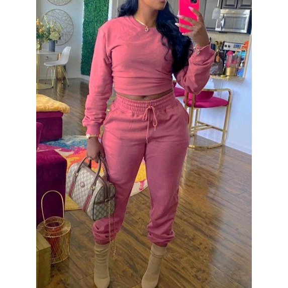 LovelyWholesale Long Sleeve Round Neck Plus Size Round Neck Drawstring Women's Plus Pants Set
