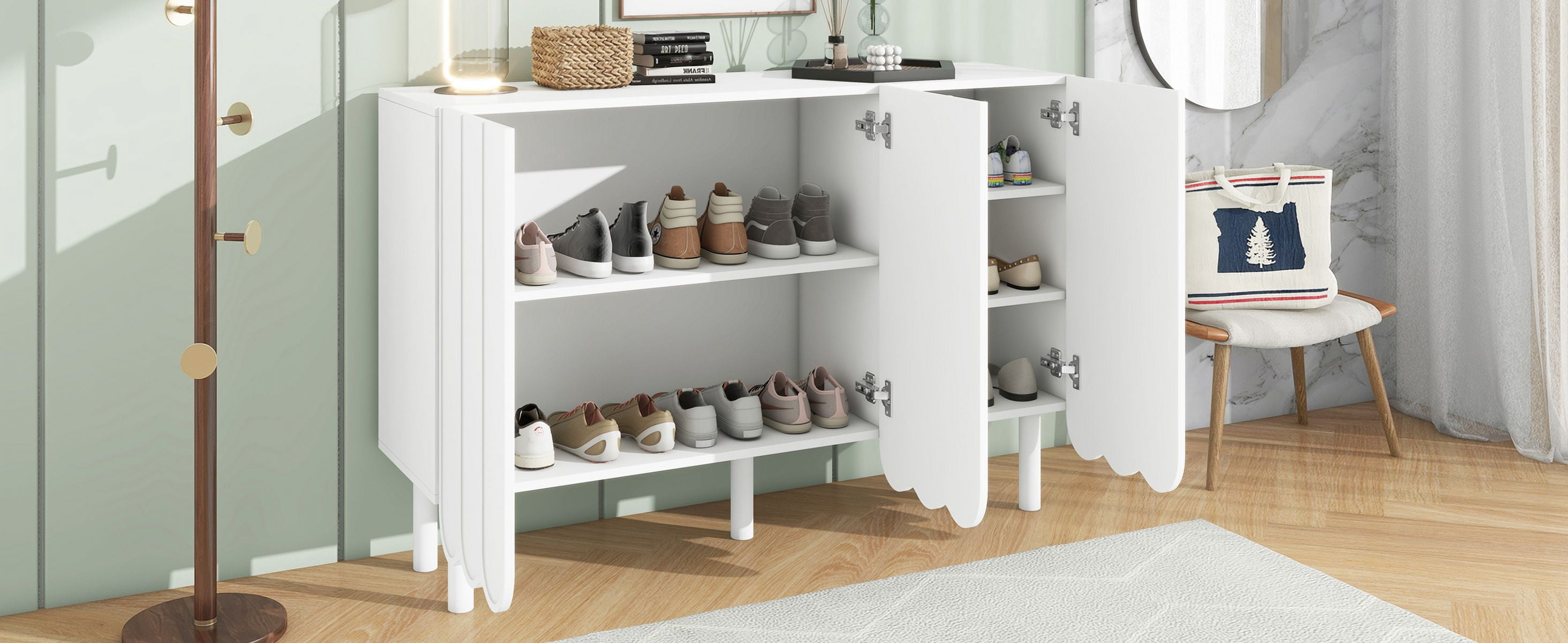 MAYEERTY Cream Style Minimalist Shoe Cabinet with 5 Solid Wood Legs, Sideboard Buffet Cabinet with Adjustable Shelves, Large Storage Cabinet with Wave Doors for Living Room, White