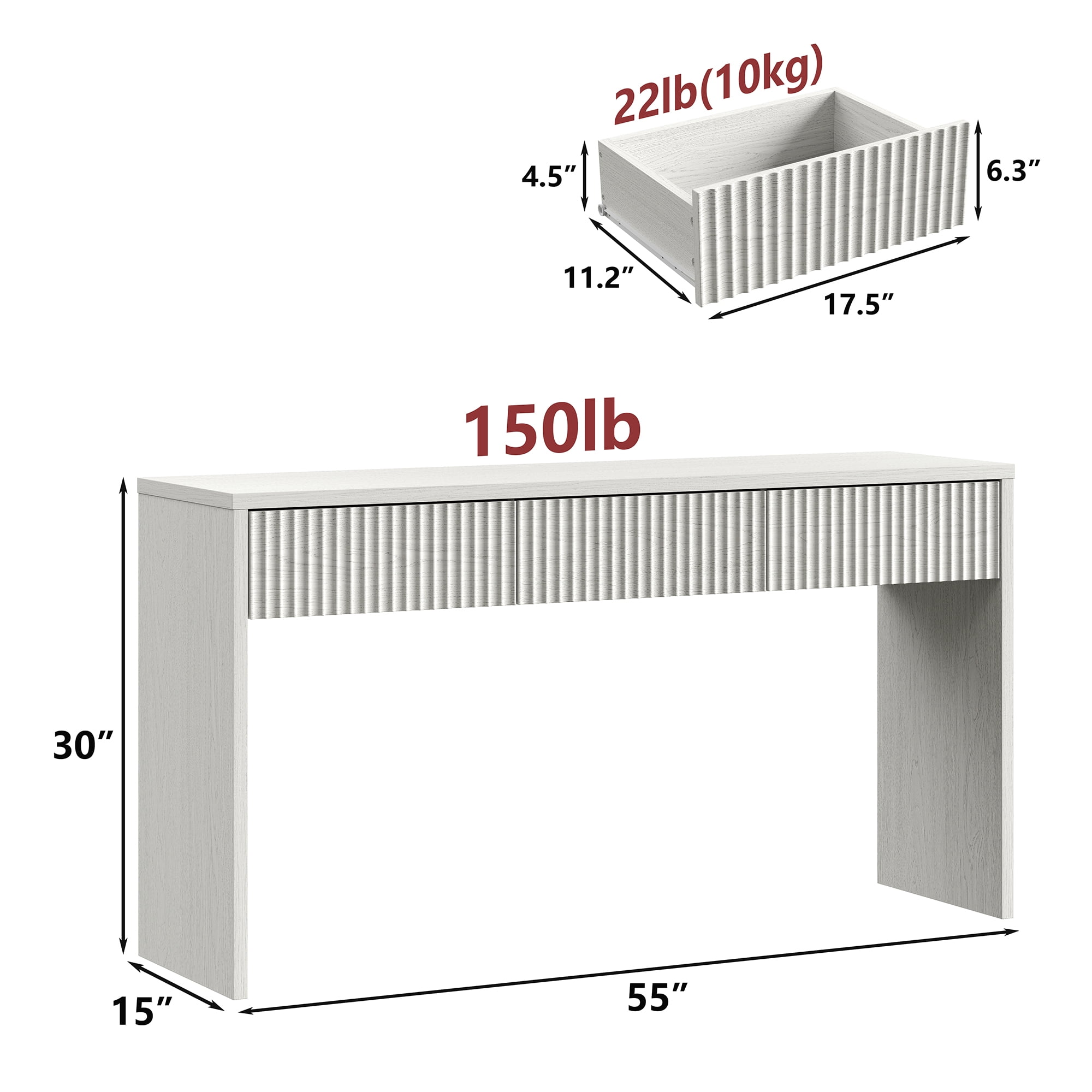 Furnihold 55"W Fluted Console Table with 3 Drawers, Narrow Long Entryway Table for Hallway, Living Room, White