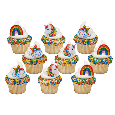24pack Rainbow Unicorn Cupcake / Desert / Food Decoration Topper Rings with Favor Stickers & Sparkle Flakes