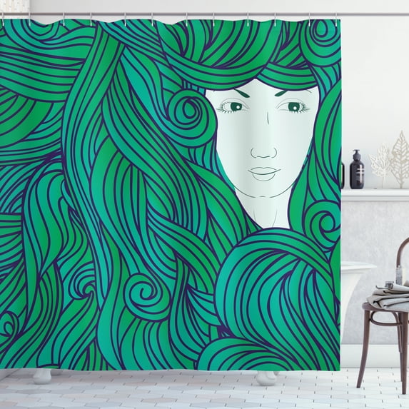 Girls Shower Curtain, Abstract Hand-drawn Illustration of Fantasy Girl with Wavy Curly Hair, Fabric Bathroom Set with Hooks, 69W X 70L Inches, Sea Green Navy Blue White, by Ambesonne