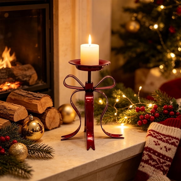 TTJ Christmas Ribbon Knot Candle Holder,Vintage Iron Candlestick Stand Centerpiece Decor,Tabletop Ornament For Mantel Shelf Dining Table,Holiday Home Decoration Gift(Red)