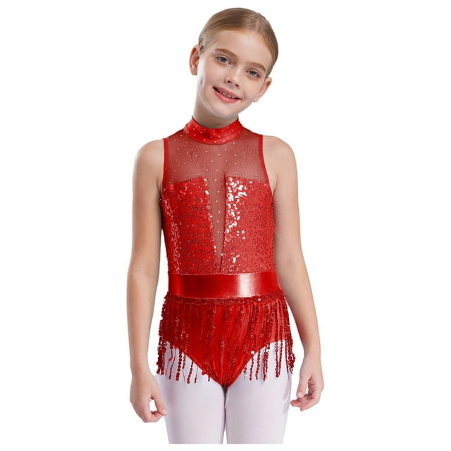 JanJean Filles Enfants Justaucorps-Robe de Danse Jazz Latin à Paillettes avec Franges Ventre Tango Rumba Samba Salsa Costume de Danse Rouge 8