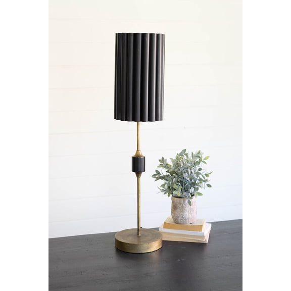 ANTIQUE GOLD TABLE LAMP WITH FLUTED BLACK METAL SHADE
