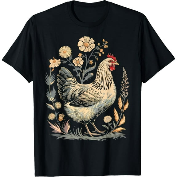Simple Fit Chicken Floral Art Graphic Women Farm Chicken Lover Colorful T-Shirt