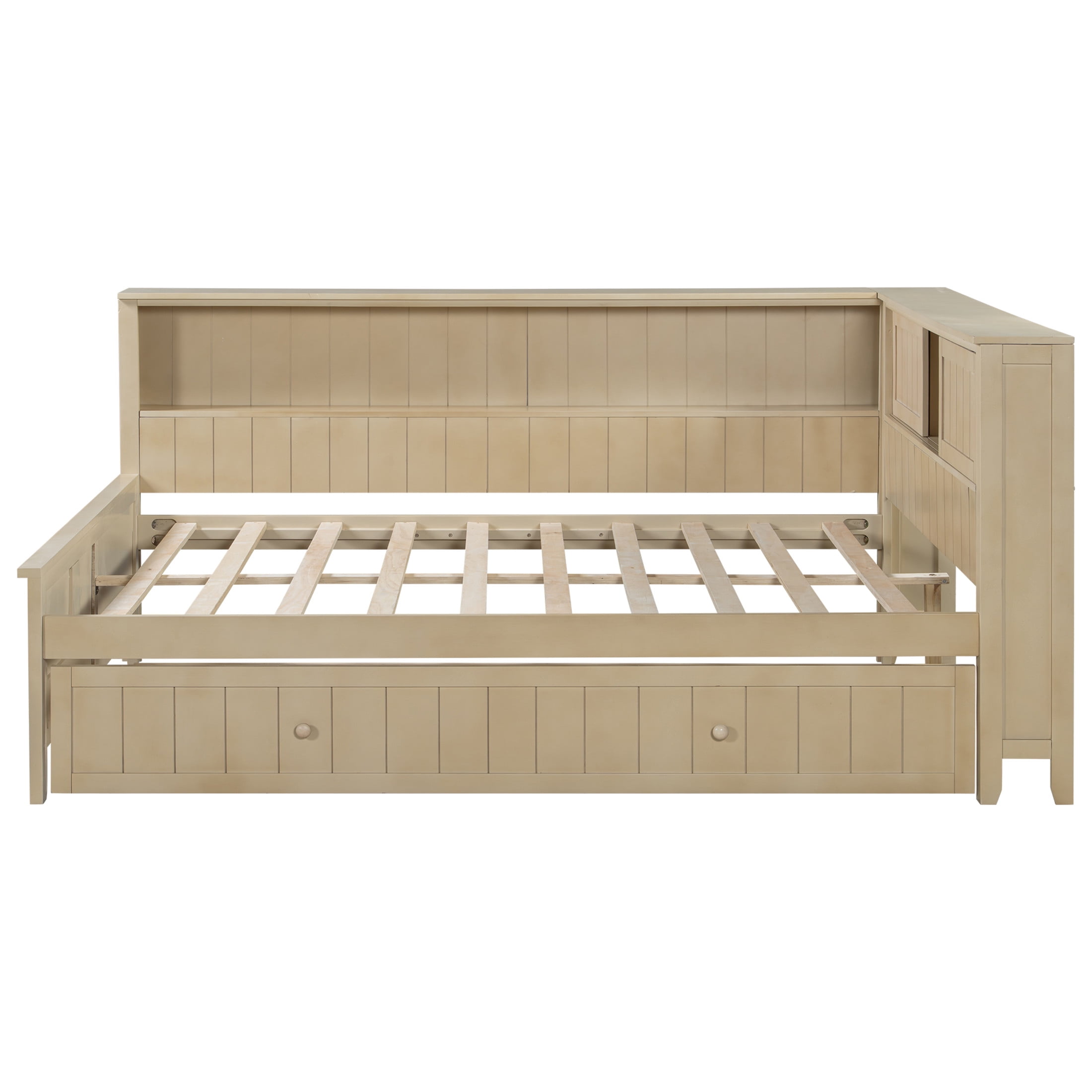 Noble House Illis Full Wood Daybed with Twin Trundle and Storage Shelves, Farmhouse Guest Bed Frame, Ancient White