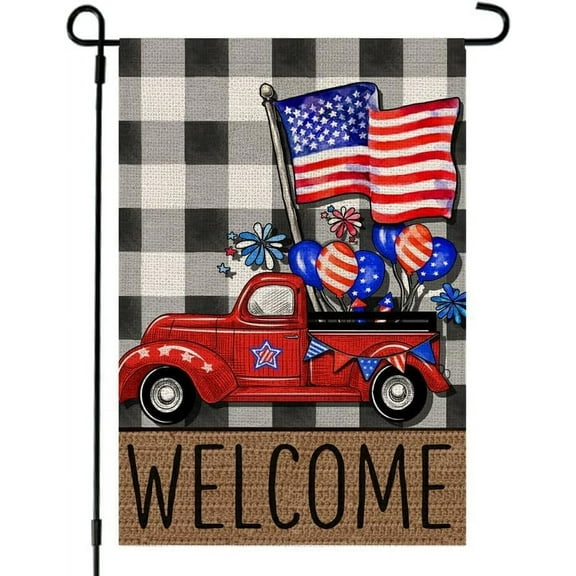 Welcome Fourth of July Patriotic Flag Truck Garden Flag 12x18 inch,Outdoor Yard Independence Day Party Garden Flag Decoration -A