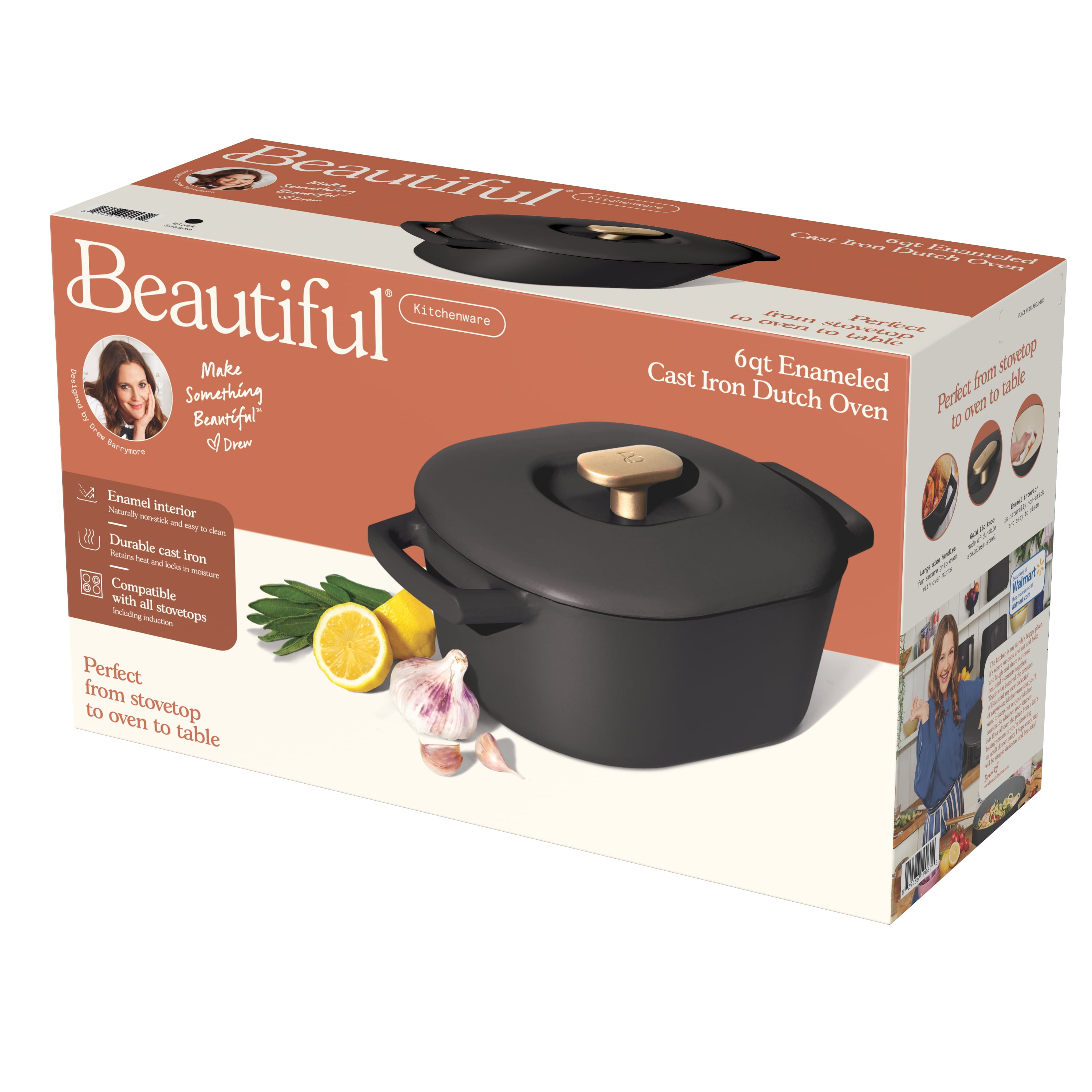 Beautiful 6 Quart Enamel Dutch Oven, Black Sesame by Drew Barrymore
