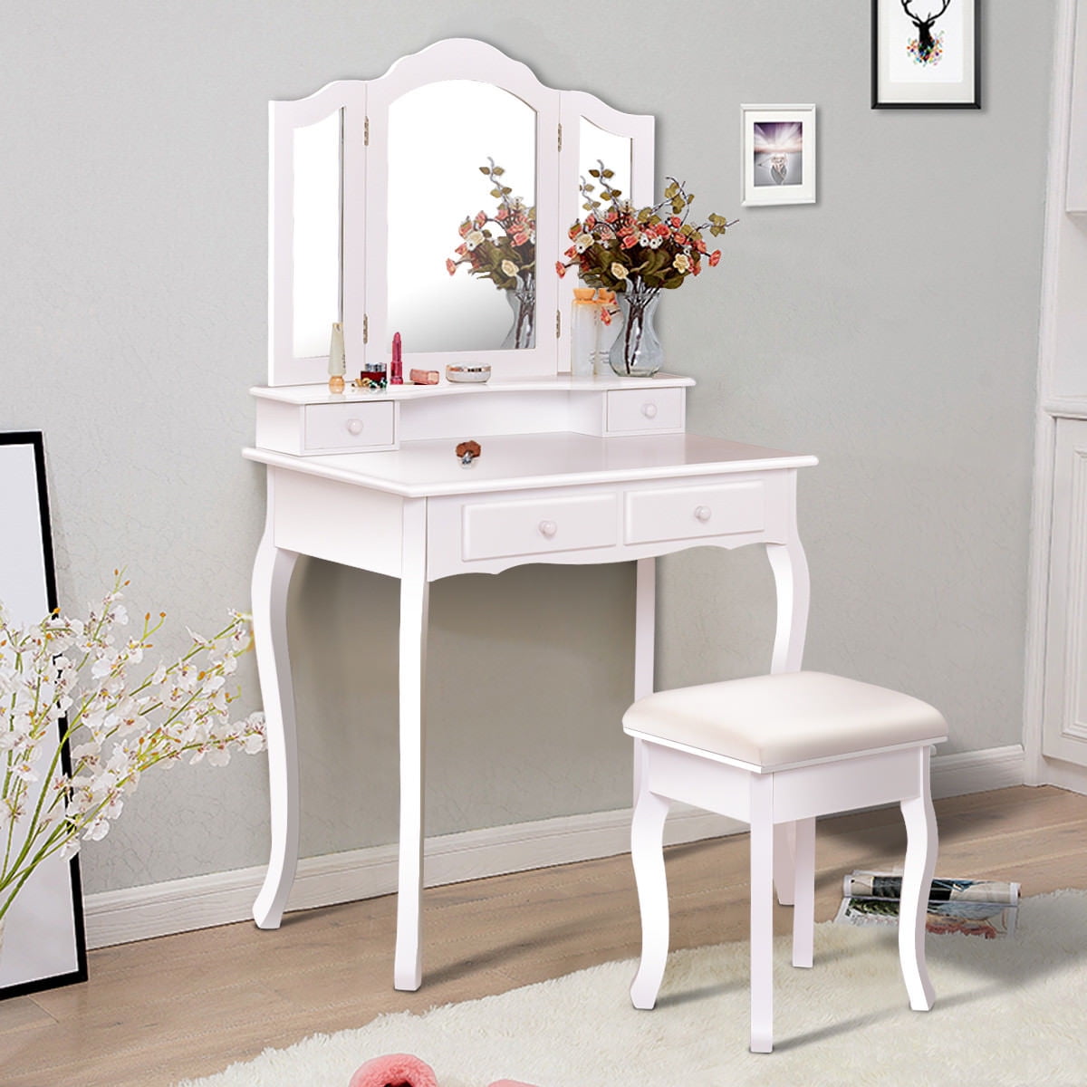 Wood Makeup Dressing Table Vanity Set Jewelry Storage Stool 4 Qty