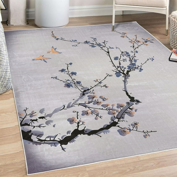 Nature Decorative Rug, Flowers Buds and Birds with Cherry Branches Style Art Painting Effect, Quality Carpet for Bedroom Dorm and Living Room, 6 Sizes, Purple Grey, by Ambesonne