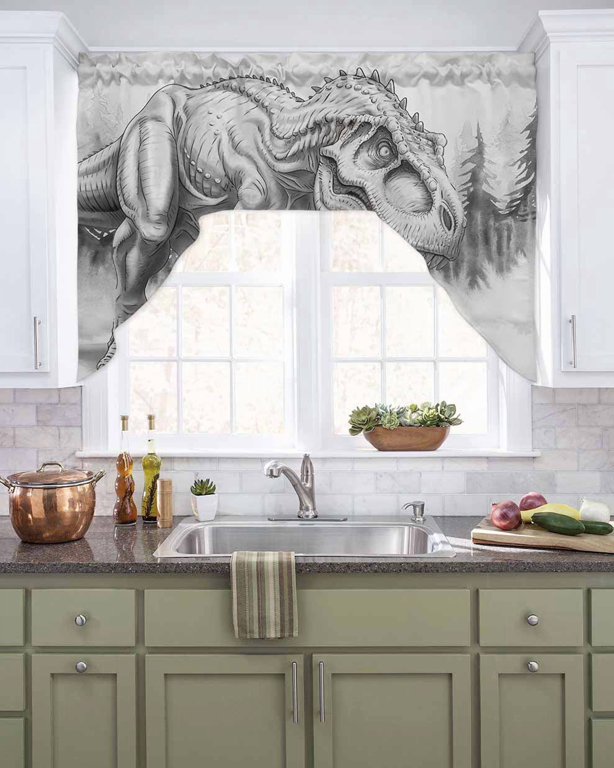 Dinosaurs Boy Swag Curtains for Kitchen Gray Funny Cartoon Forest Animals Valances for Windows Rod Pocket Small Window Treatment Short Topper for Cafe Bedroom Bathroom Living Room Decor 56x36 Inch