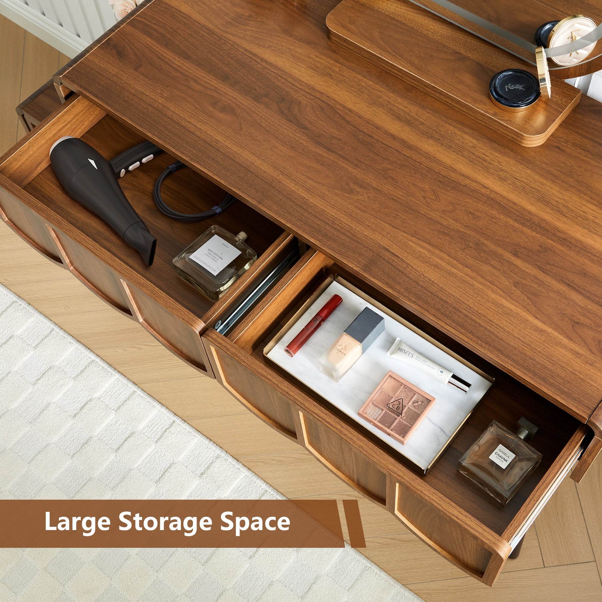 Wirrytor Makeup Vanity Set with Mirrors and Light, Vanity Set with Cushion Chair, for Adult, Stools for Vanity Table, with 2 Drawers and 1 Storage Cabinet, Wave Panel ,Walnut