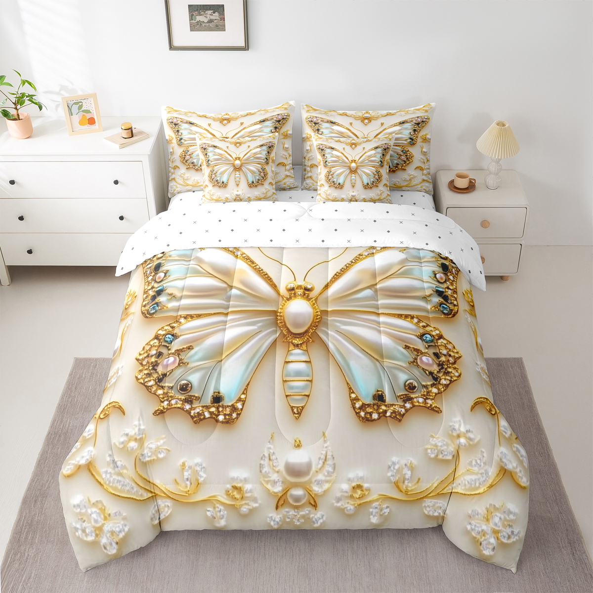 Homewish Chic Flying Butterfly 7-Piece Bedding Comforter Set for Children Teens Girls,Dreamy Princess King Bedding Sets,Exotic Style Ultra Soft Bed Sheets,Lightweight Room Decor,Reversible