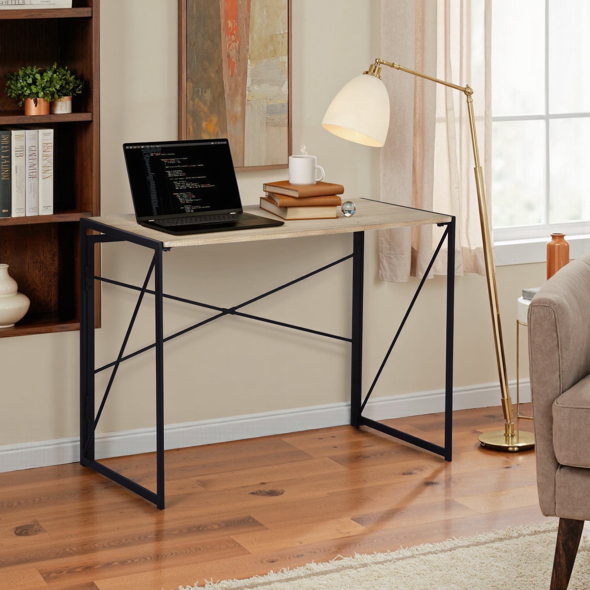 Homy Casa 39.4" Folding Table, Light Wood Tabletop with Metal Frame for Home Office or Dorm Use