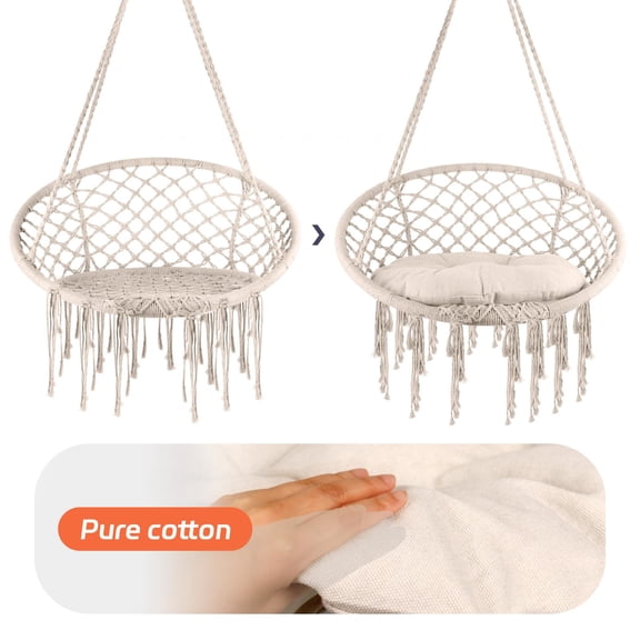 Cotton Rope Hammock Chair, Max 360 Lbs Hanging Chair, Pure Cotton Swing Chair, for Indoor Outdoor Bedroom Patio Black Hammock Swing Chair​