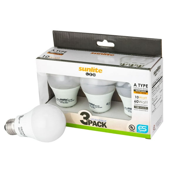 Sunshine Lighting B3166878 LED A19 Household E26 Base 9W 800 Lumens 5000K Super Light Bulb, White - Pack of 3
