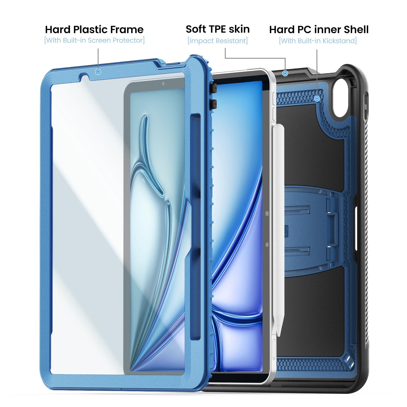 ELEHOLD Rugged Case with Pencil Holder For iPad Air 11-inch M3 (2025) / M2 (2024), Built-in Kickstand Double-Layer Protection Full-Body Shockproof Cover For Apple iPad Air 11 (2025/2024),Navyblue