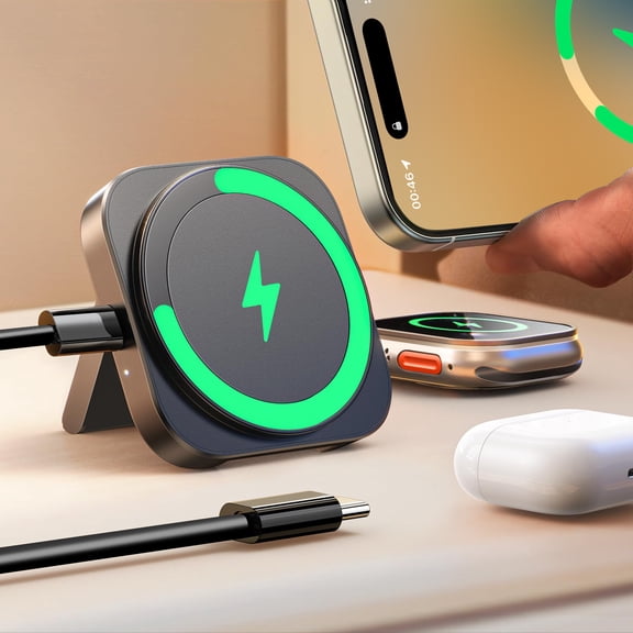 Magnetic Wireless Charger Stand, 3-in-1 Travel Charging Station Pad, Compatible with iPhone 16-12 Series, Watch, Earbuds, White