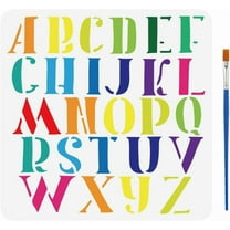 Colorful 26 Letters Stencil with a Paint Brush 11.8x11.8Inch Letters Graffiti Large Stencil Creative Alphabet Painting Stencil Daily Theme Drawing Stencil for Wall Tiles Floor Paper Furniture