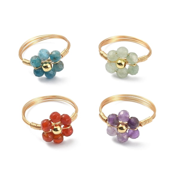 4pcs 4 style Natural Mixed Gemstone Beaded Flower Finger Rings set Real 18K golden Plated Copper Wire Wrapped Jewelry Inner Diameter: 18mm 1pc/style