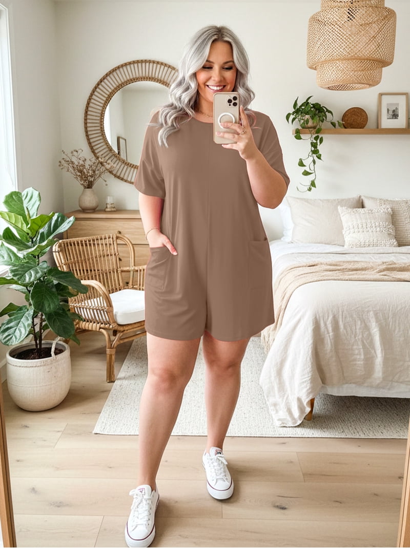 plus size short romper dress Women's Plus Size Sleeveless Romper Dress, Flowy Built-in Shorts with Side Pockets