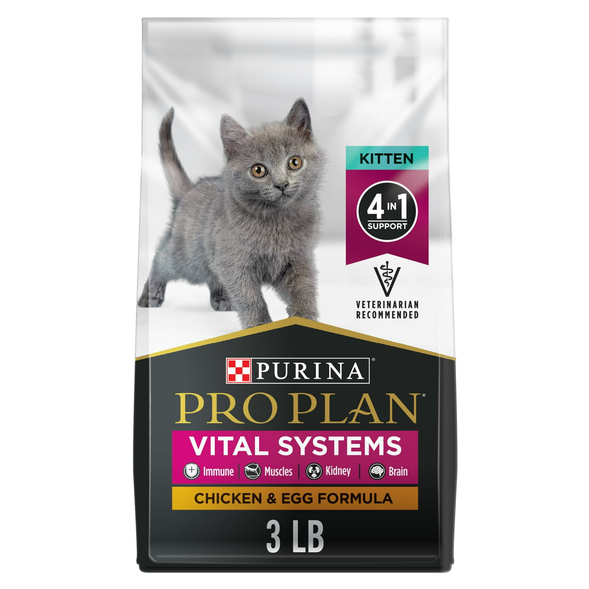 Purina Pro Plan Vital Systems Chicken and Egg Formula Dry Kitten Food 4-in-1 Immune, Muscles, Kidney and Brain, 3 lb Bag