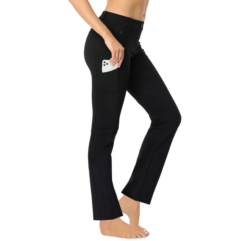 HDE Yoga Dress Pants for Women Straight Leg Pull On Pants with 8 Pockets  Black - L Regular 