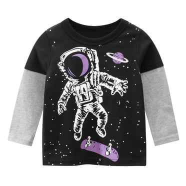 WOYY Toddler Boys Galaxy Spaceman Print T-Shirt Cotton Long Sleeve Crewneck T Shirts Tops