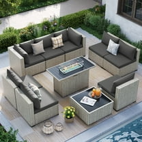 MRUAKA Outdoor Patio Furniture Set, 10-Piece Modular Sectional Sofa With Gas stove, PE Wicker Outdoor Conversation Set for Patio, Garden, Backyard, Gray