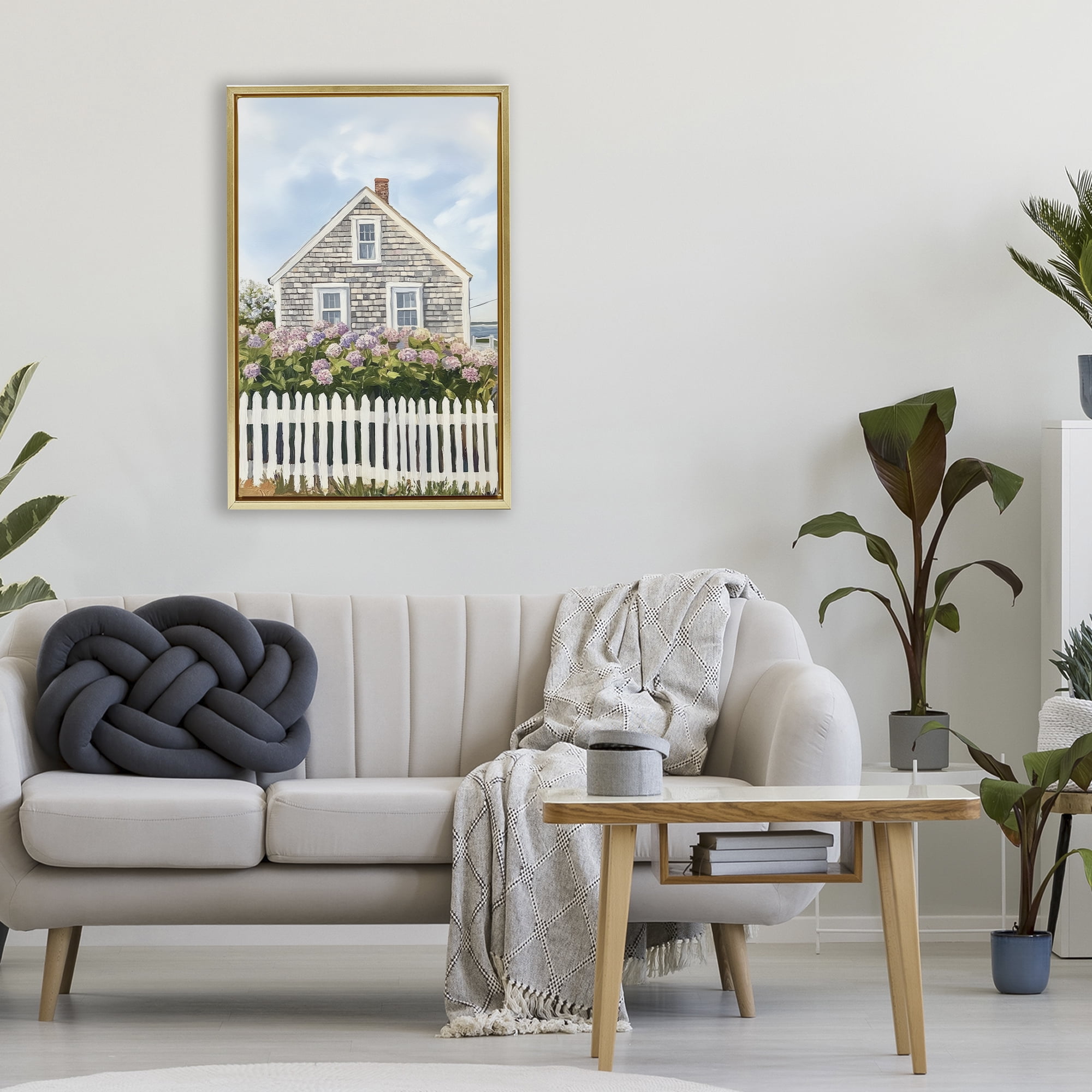 Stupell Industries Coastal Cottage Hydrangea Garden Gold Framed Floater Canvas Wall Art, design by Sisi and Seb