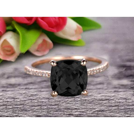 Cushion Cut 1.80 Carat Black Diamond Moissanite Engagement Ring Anniversary Gift 10k Rose Gold Curved Basket Under