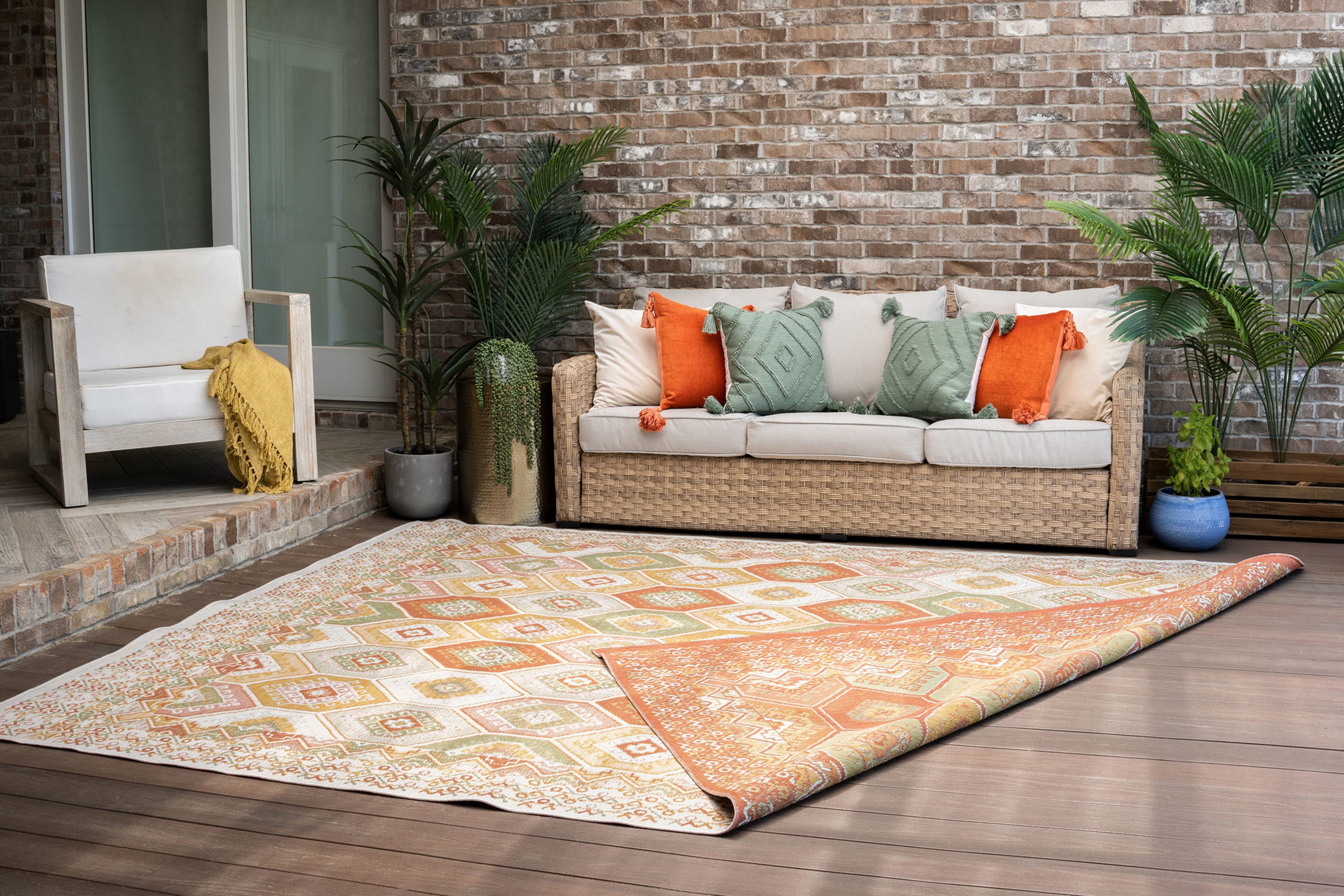 8x10 Water Resistant, Large Indoor Outdoor Rugs for Patios, Front Door Entry, Entryway, Deck, Porch, Balcony | Outside Area Rug for Patio | Orange, Geometric | Size: 7'11'' x 10'3''