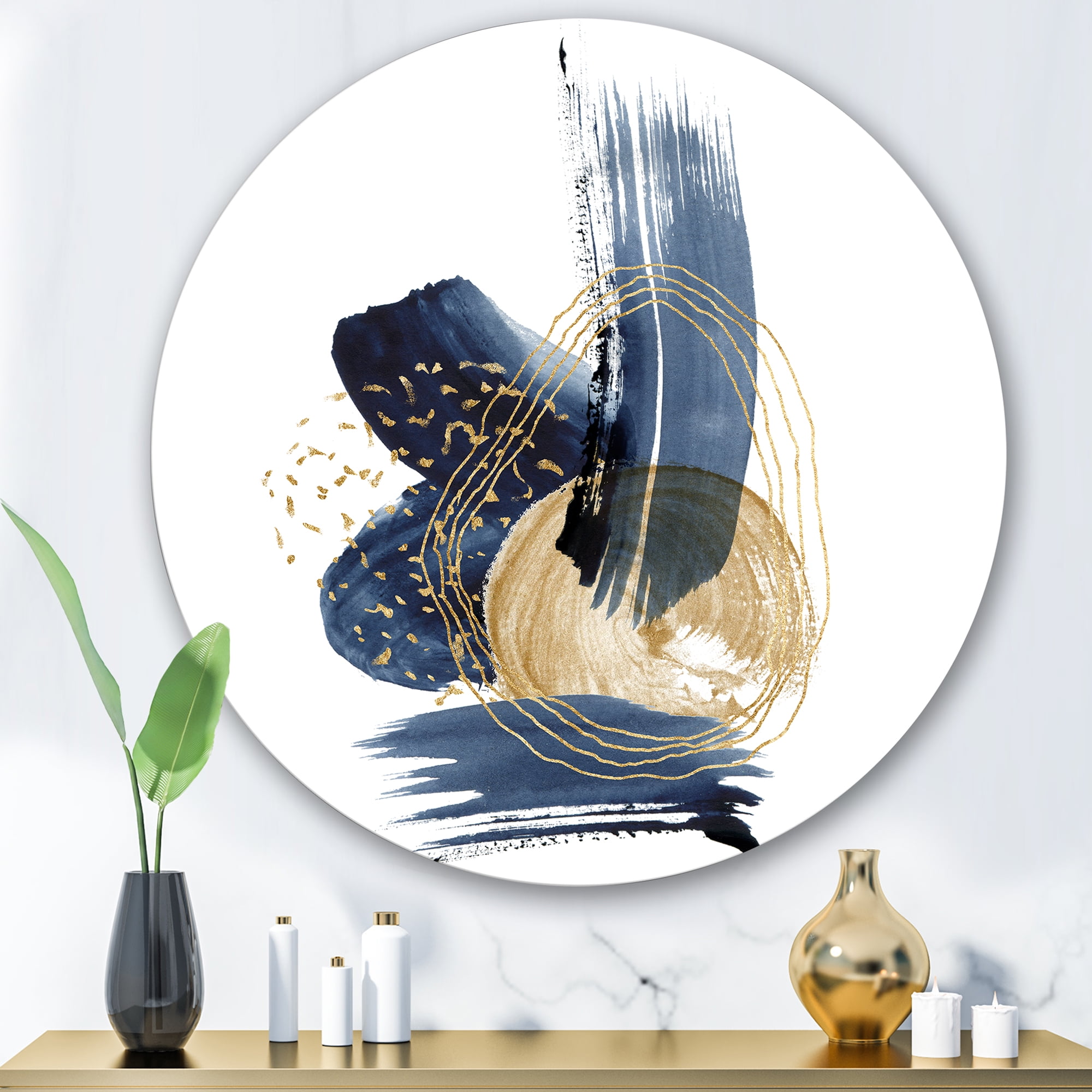 Designart 'Gold Strokes and Landscape of Dark Blue Mountains II' Modern Circle Metal Wall Art 36x36 - Disc of 36