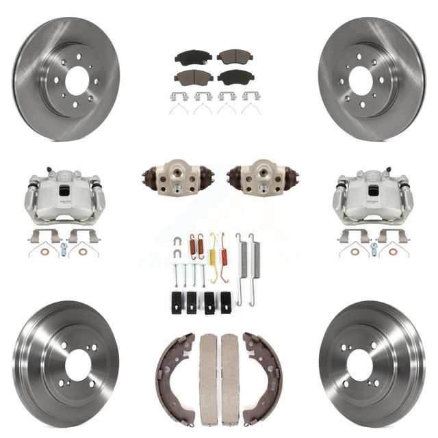 Transit Auto Front Rear Disc Brake Caliper Rotors Drums Ceramic Pads Shoes Wheel Cylinders and Hardware Kit (11Pc) for Car 2015-2019 Honda Fit KC8-100915C