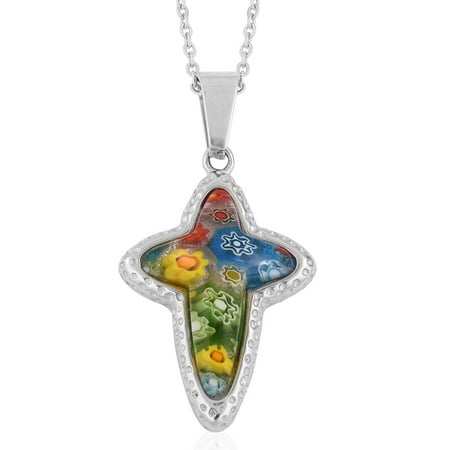 Millefiori Glass Cross Murano Millefiori Glass Cross Chain Pendant Necklace Stainless Steel Jewelry for Women Size 20