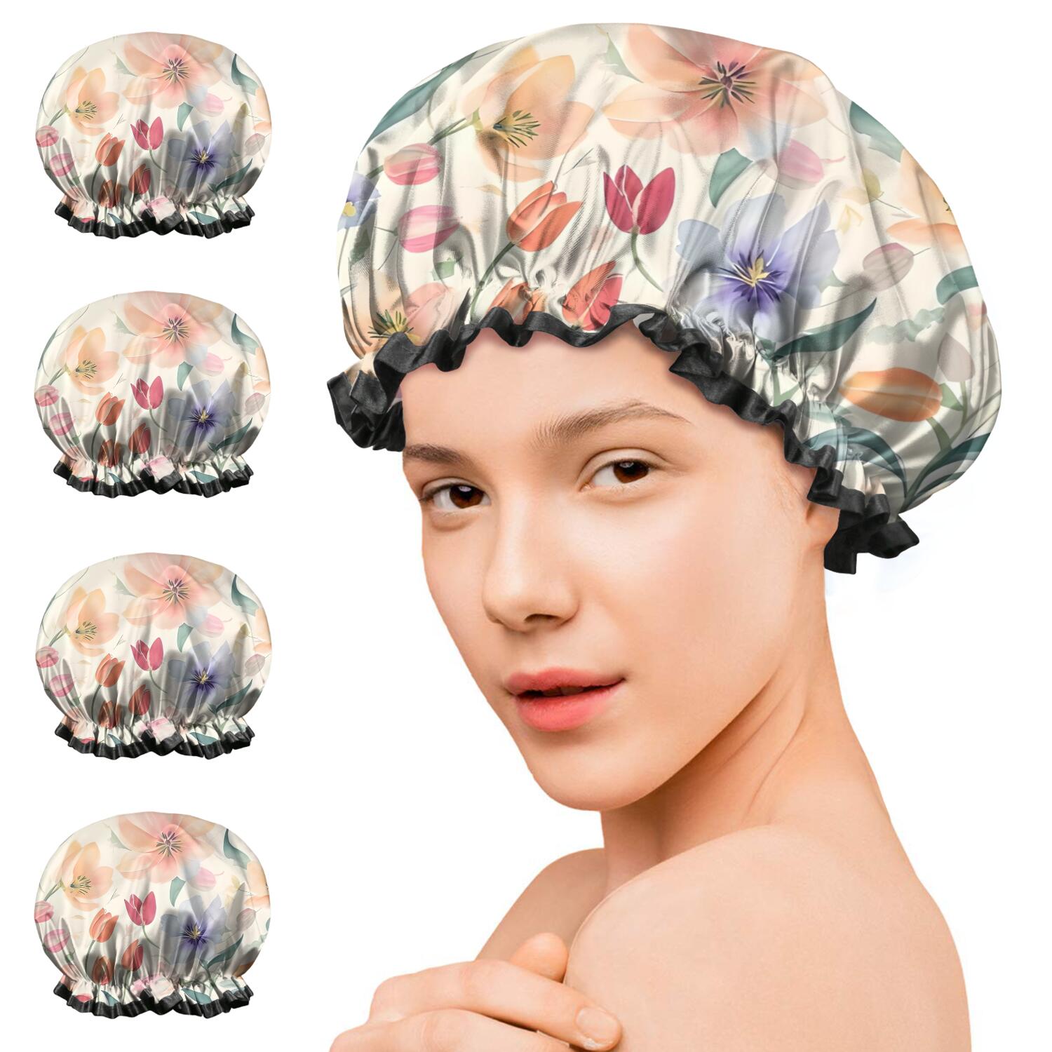 Shower Caps,Pioneer Flower Floral Print Pattern Waterproof Shower Cap for Women 4 Pieces,Double Reusable Hair Cover for Shower PEVA Elastic Stretch Hem