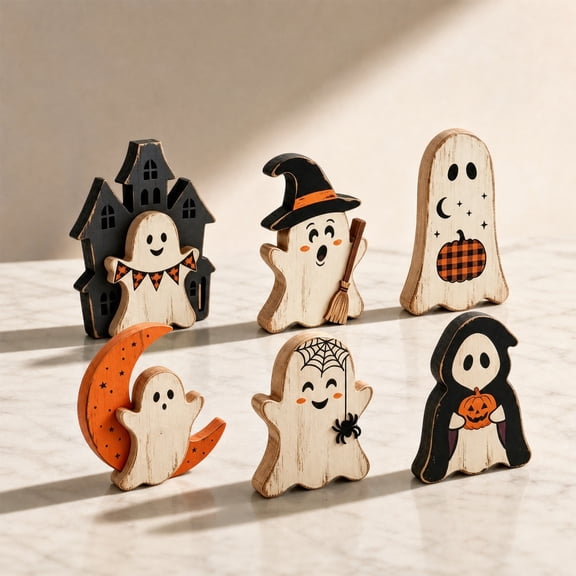 Eolstice Spooky Halloween Ghost Tabletop Signs, 6 Pack Mini Distressed Wooden Block Ornaments, Witch Pumpkin House Home Tiered Tray Decor