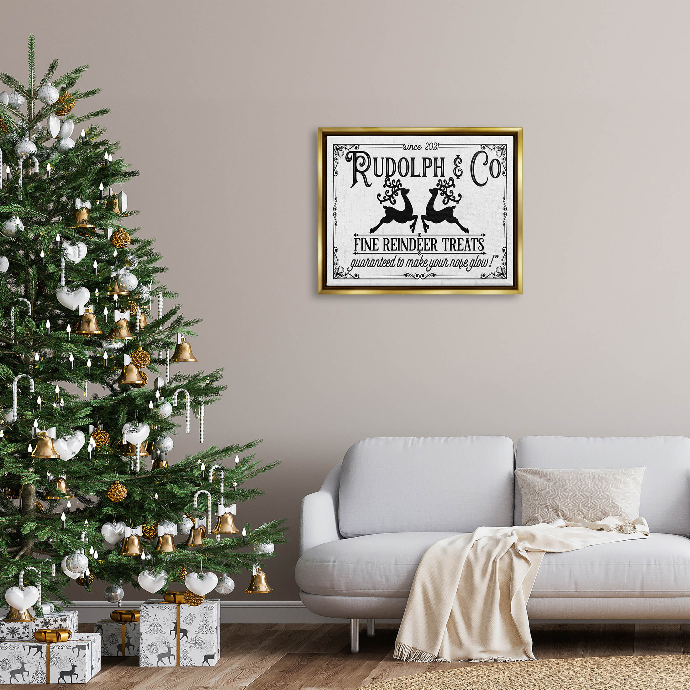 Stupell Industries Rudolph & Co Vintage Sign Graphic Art Metallic Gold Floating Framed Canvas Print Wall Art, Design by Lettered and Lined
