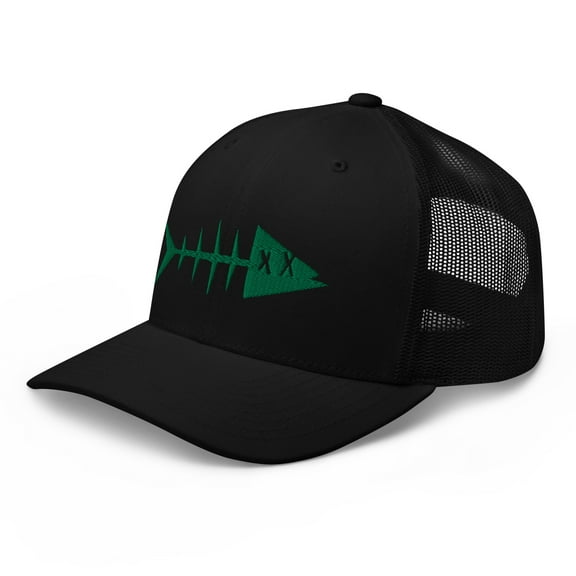 Clishirt Adult 3D Puff Embroidered Green Fish Adjustable Black Retro Trucker Cap