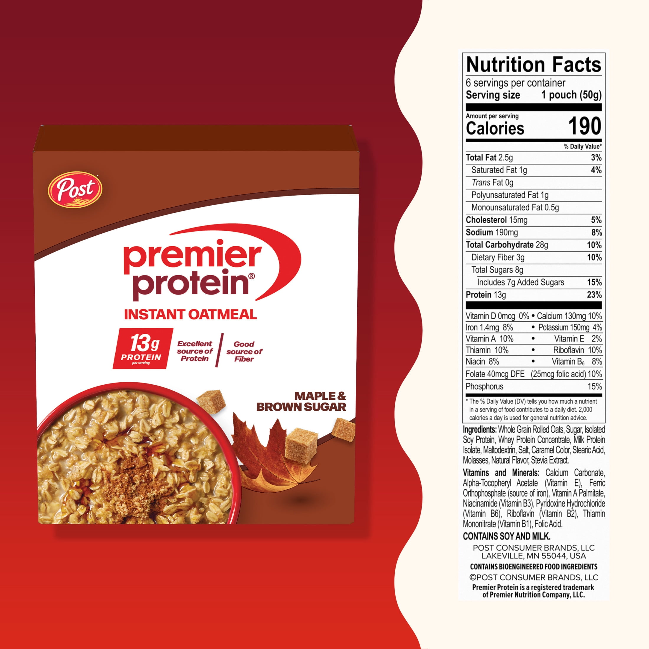 Premier Protein Instant Oatmeal, Maple & Brown Sugar Protein Oatmeal, 1.76 oz, 6 count